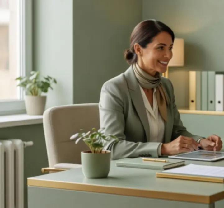 A warm one-to-one client consultation in a calm, organised workspace