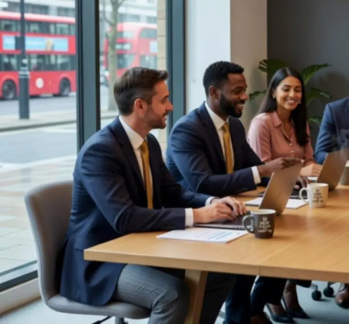 Collaborative executive meeting in a UK office setting
