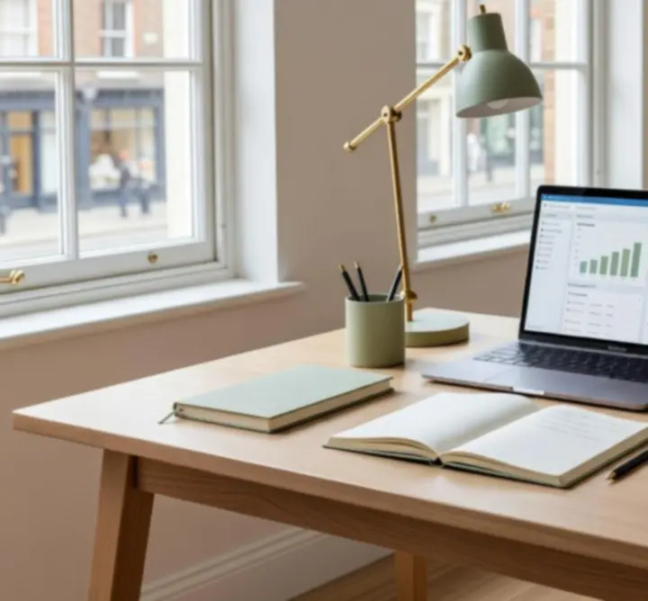 Organised consultancy workspace with neatly arranged documents and a warm, welcoming atmosphere.