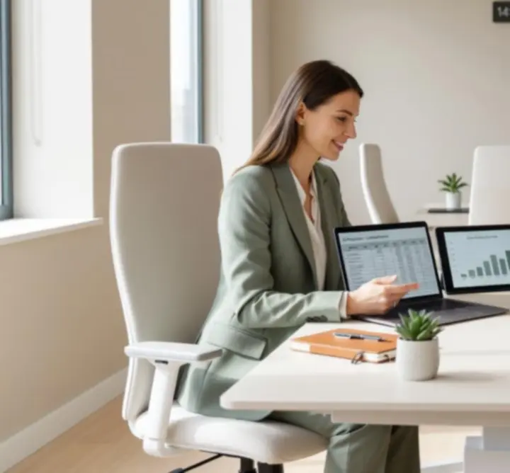Organised executive workspace with a one-to-one consultation in progress