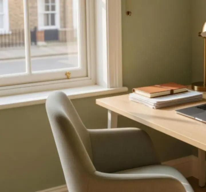 Neatly organised workspace with a laptop, notebook and warm lighting