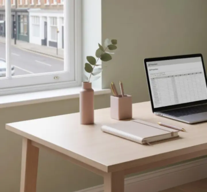 A tidy, professional workspace with organised documents and a calm atmosphere.