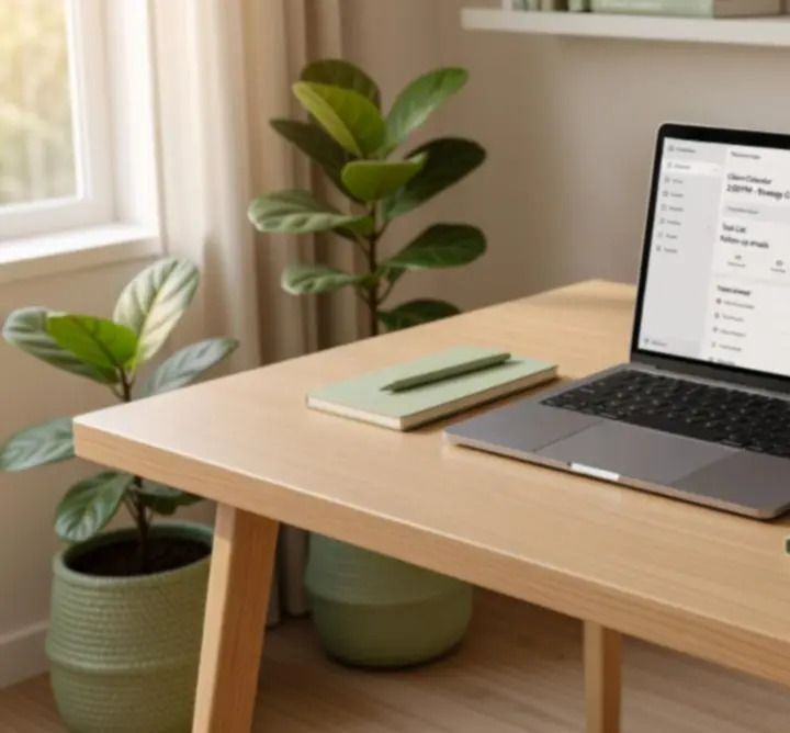 Organised remote support workspace with neatly arranged tools and a calm atmosphere.