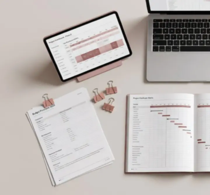 An organised workspace with neatly arranged documents and a laptop